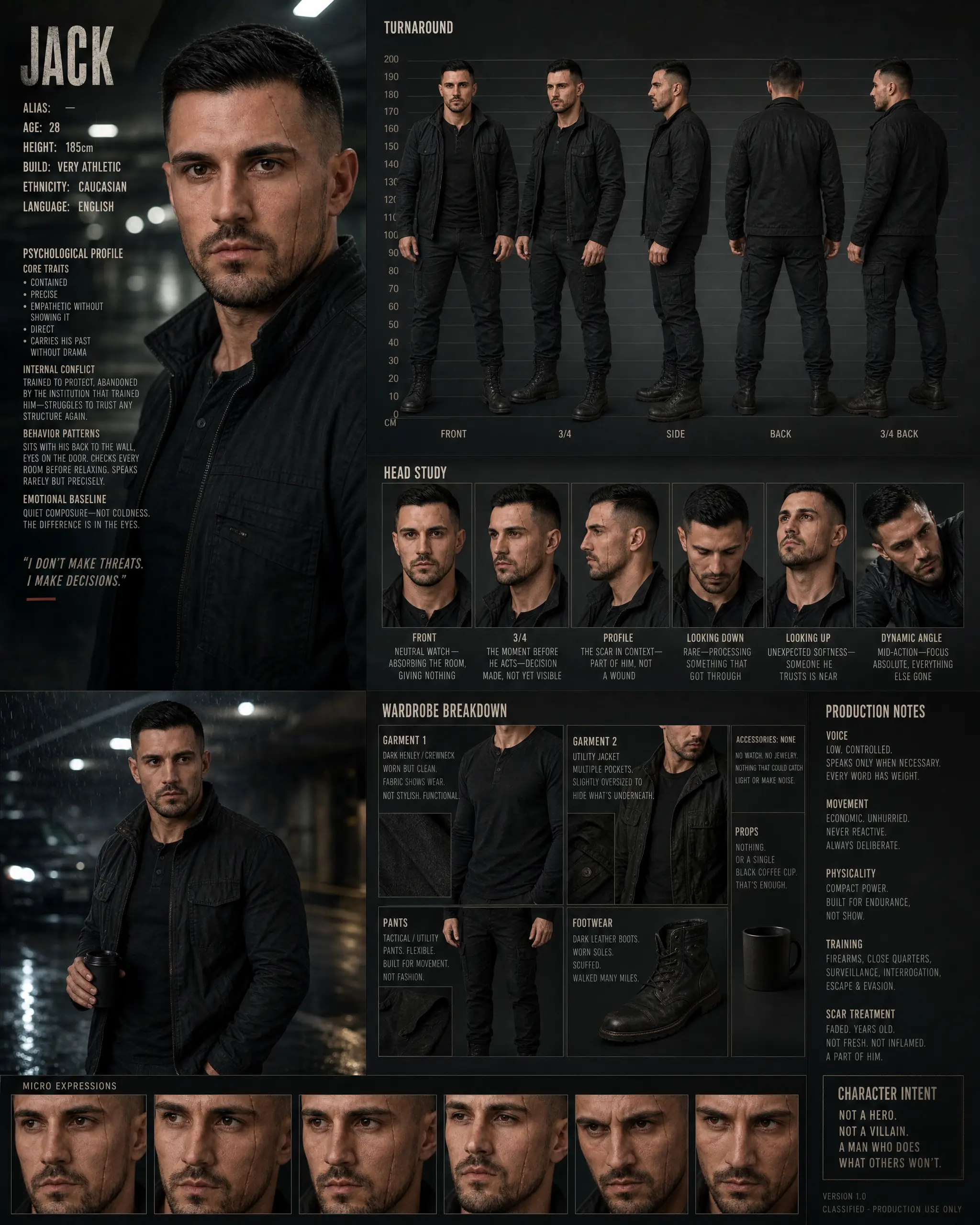 Character design sheet for Jack: turnaround, head studies, wardrobe and production notes