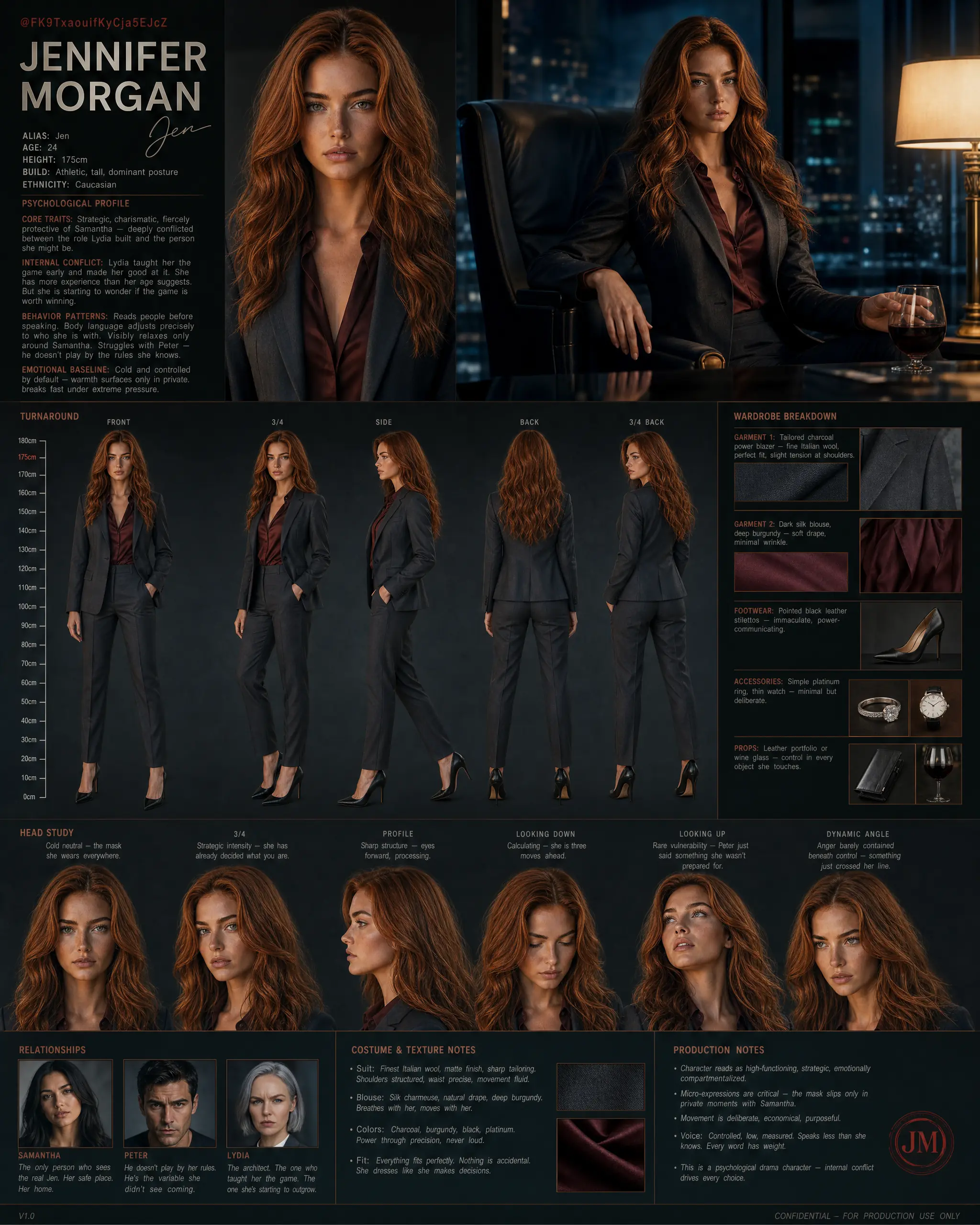 Character design sheet for Jennifer Morgan: turnaround, head studies, wardrobe and production notes