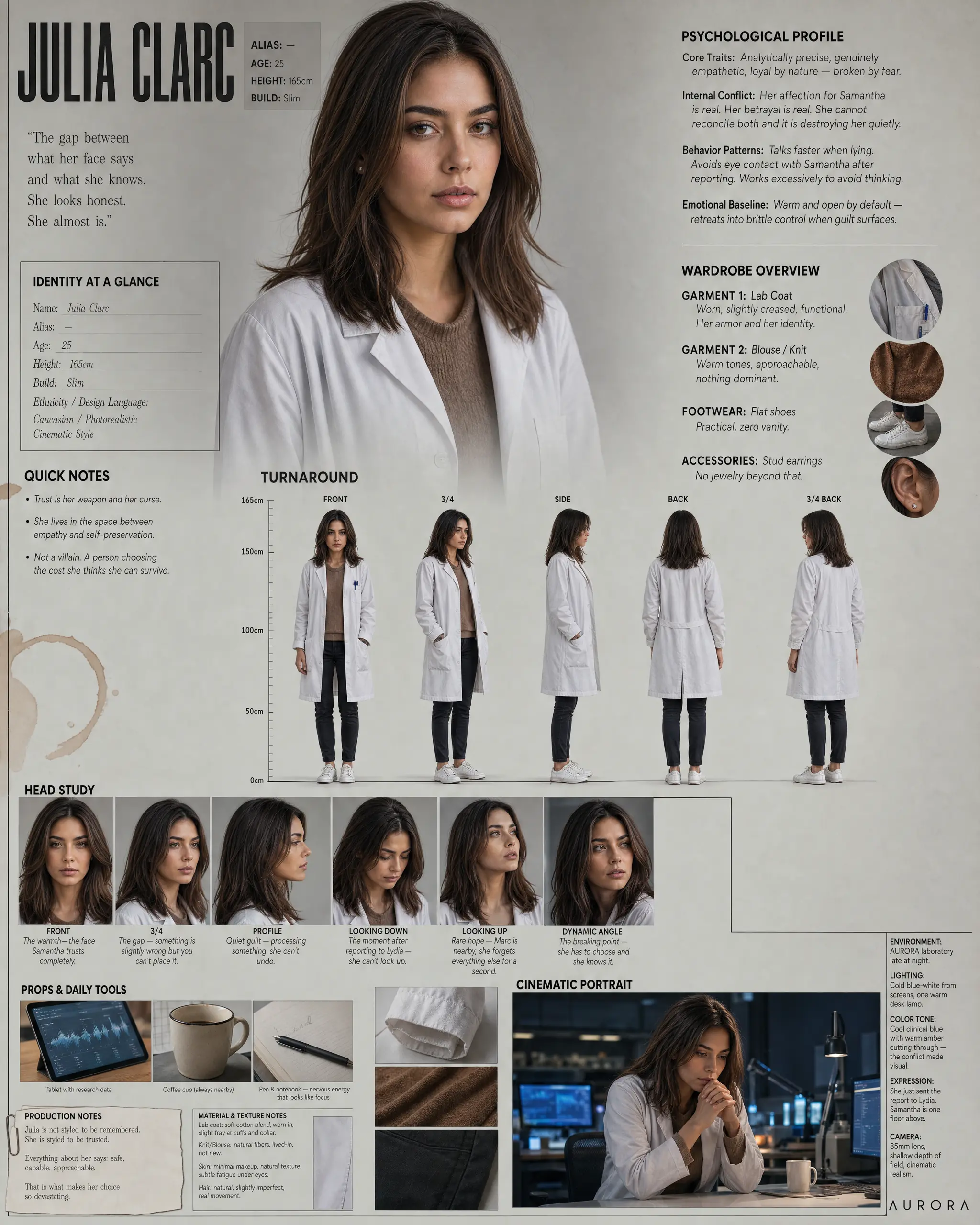 Character design sheet for Julia Clarc: turnaround, head studies, wardrobe and production notes