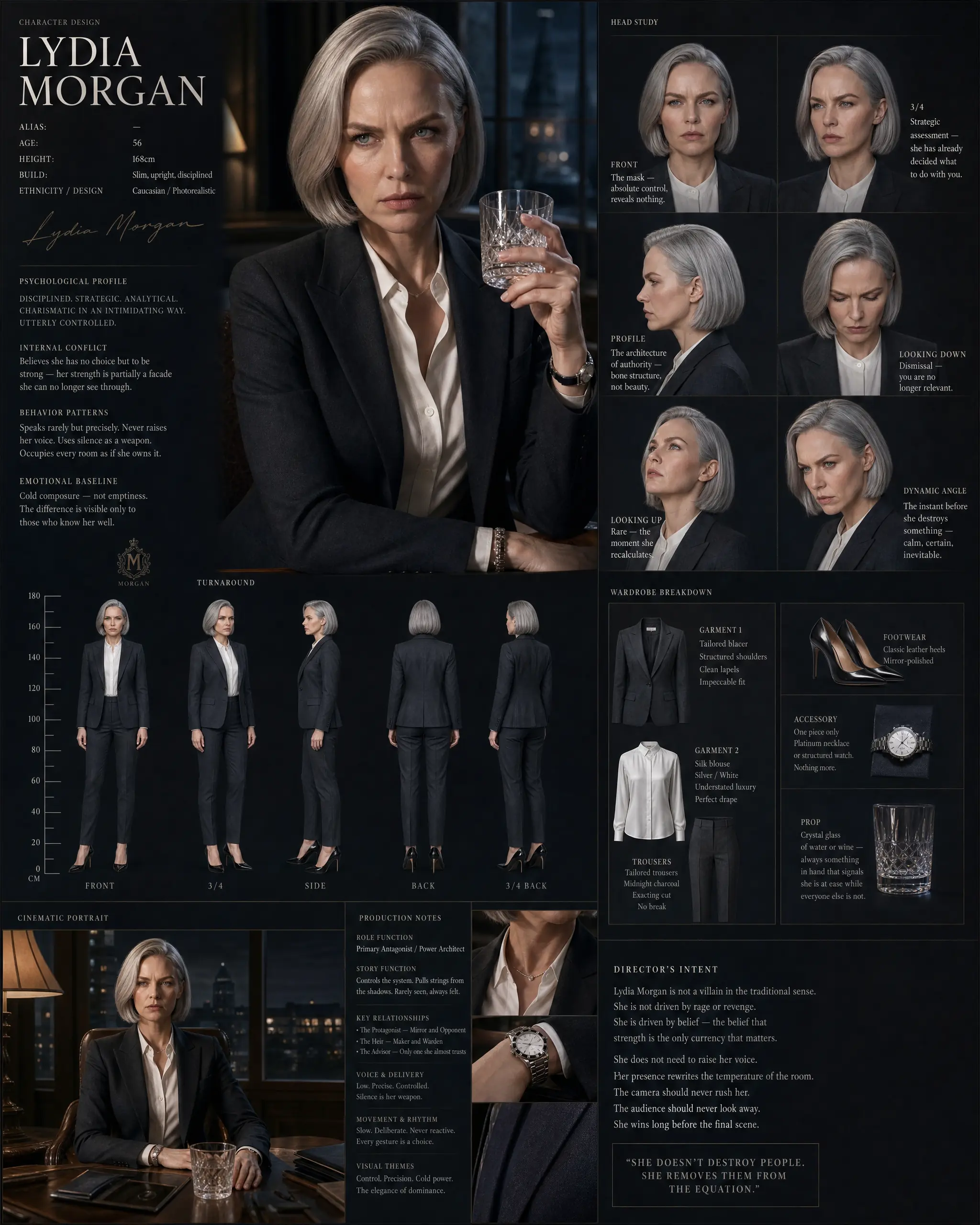 Character design sheet for Lydia Morgan: turnaround, head studies, wardrobe and production notes