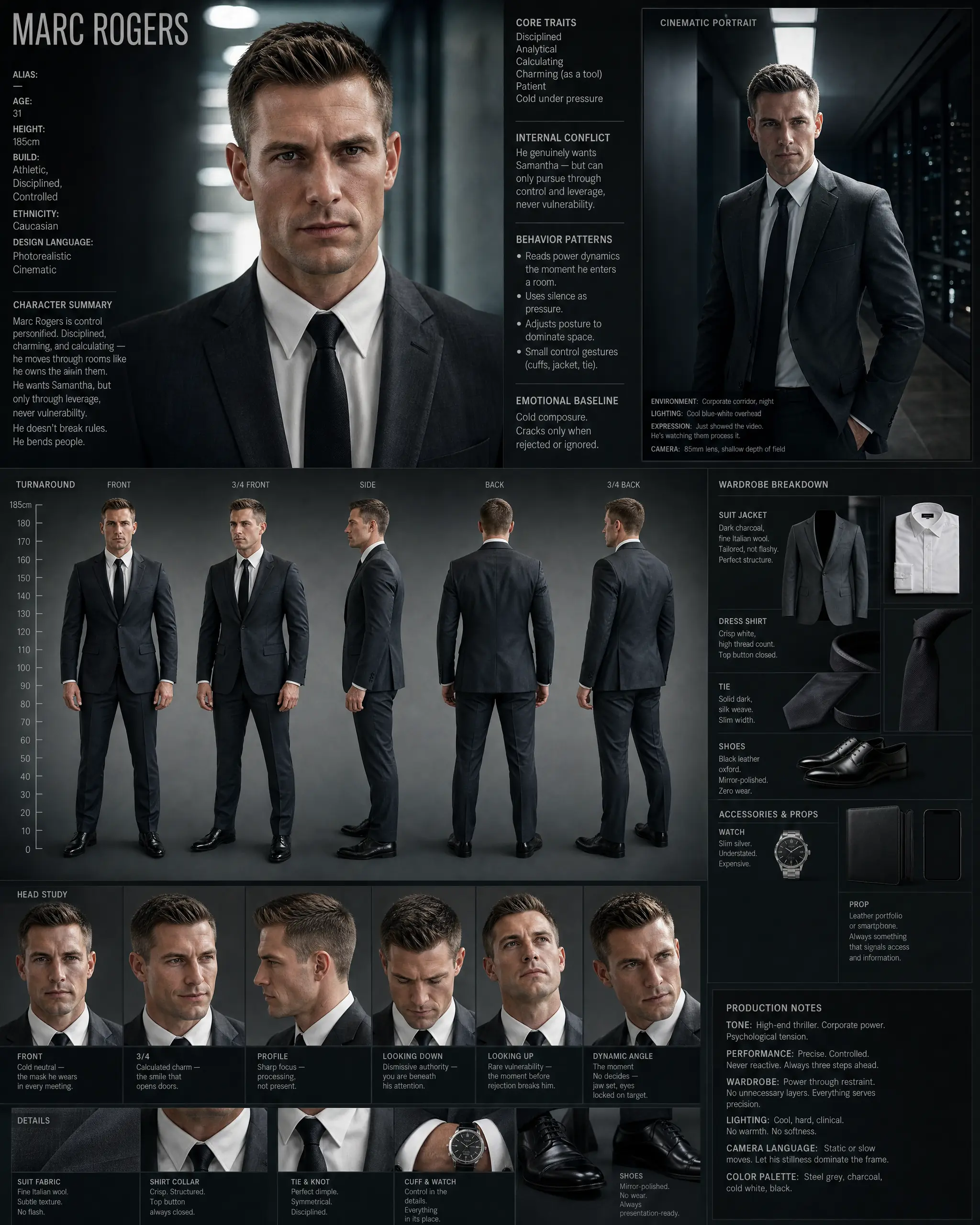 Character design sheet for Marc Rogers: turnaround, head studies, wardrobe and production notes