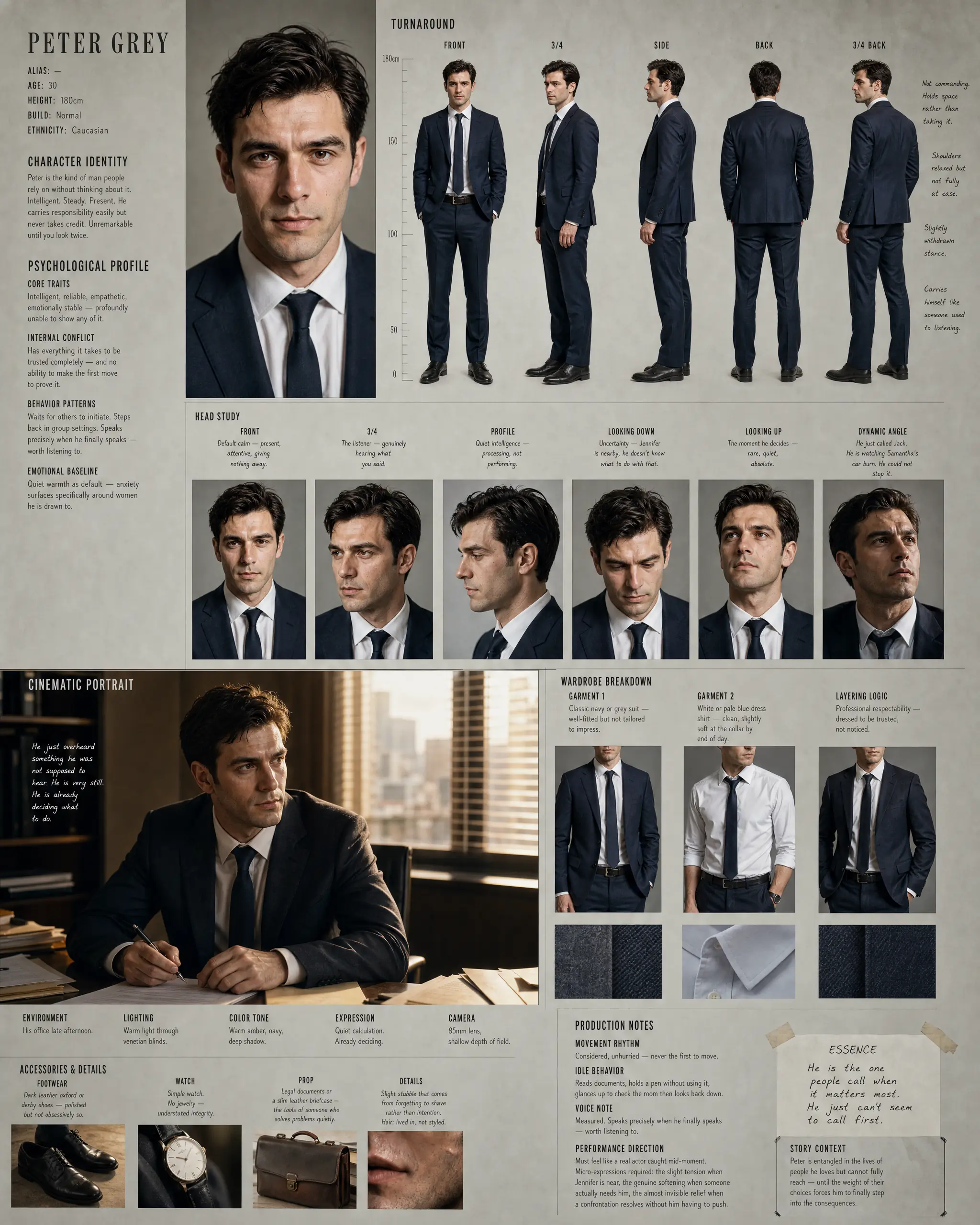Character design sheet for Peter Grey: turnaround, head studies, wardrobe and production notes