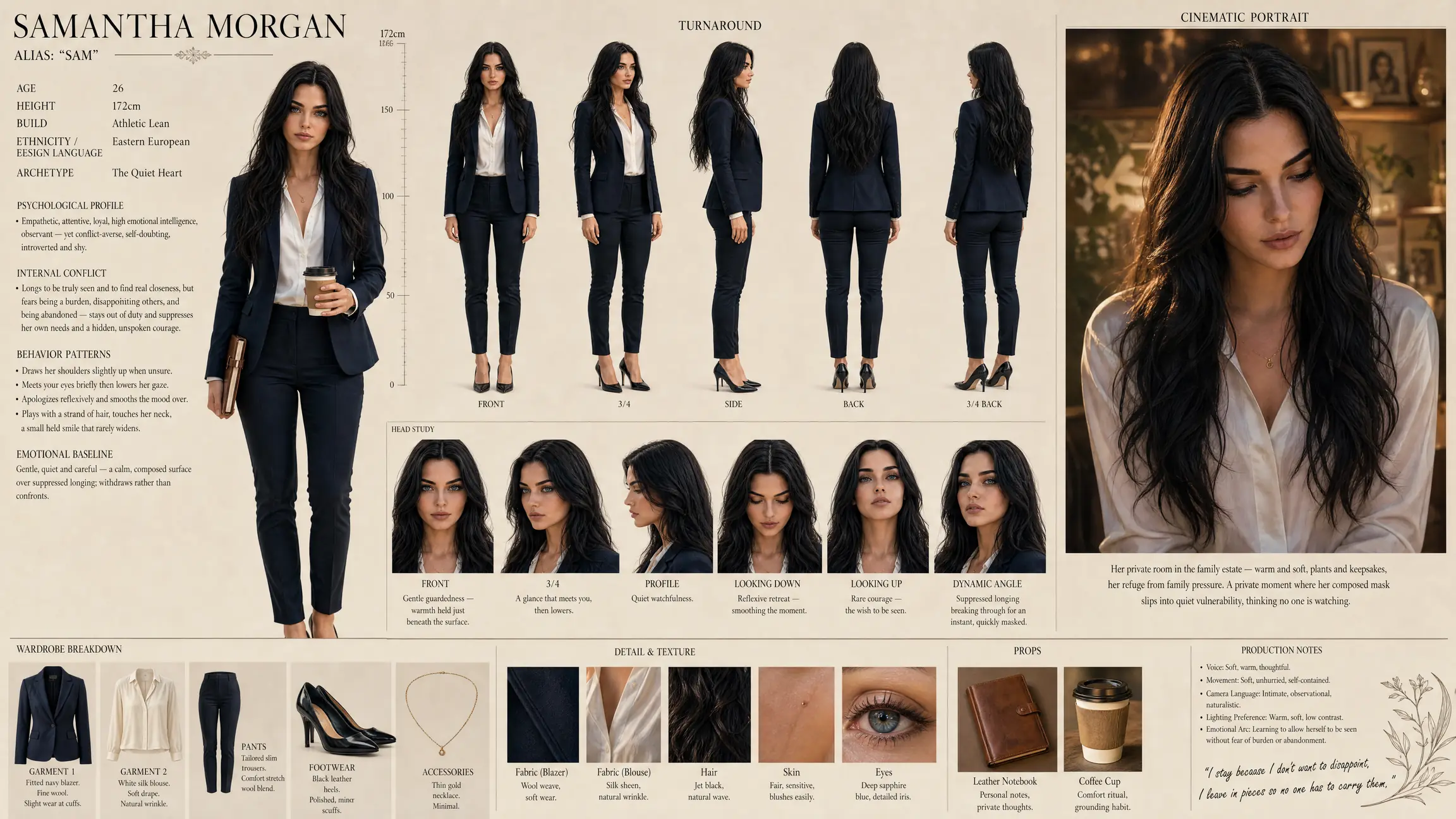 Character design sheet for Samantha Morgan: turnaround, head studies, wardrobe and production notes
