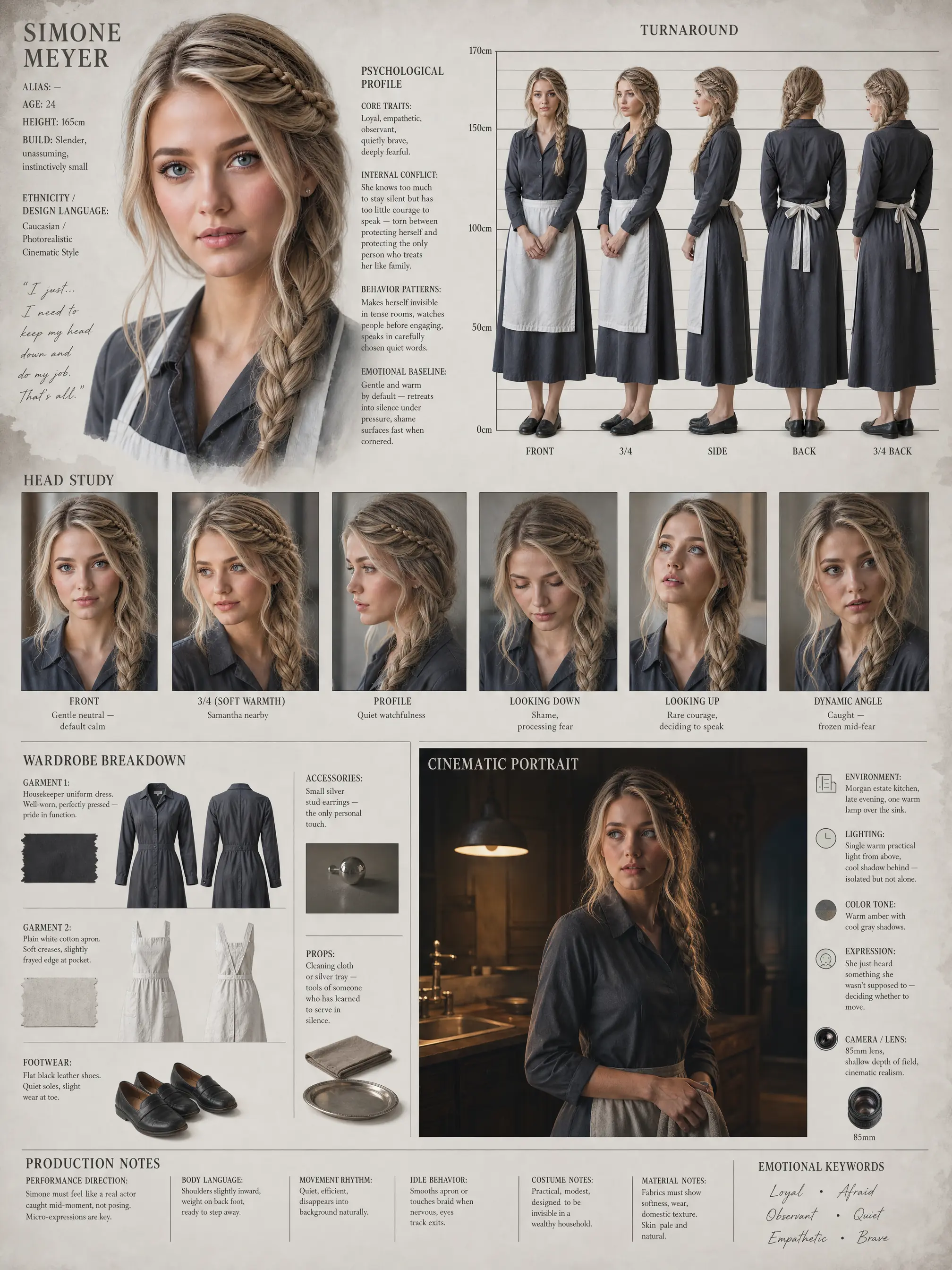 Character design sheet for Simone Meyer: turnaround, head studies, wardrobe and production notes