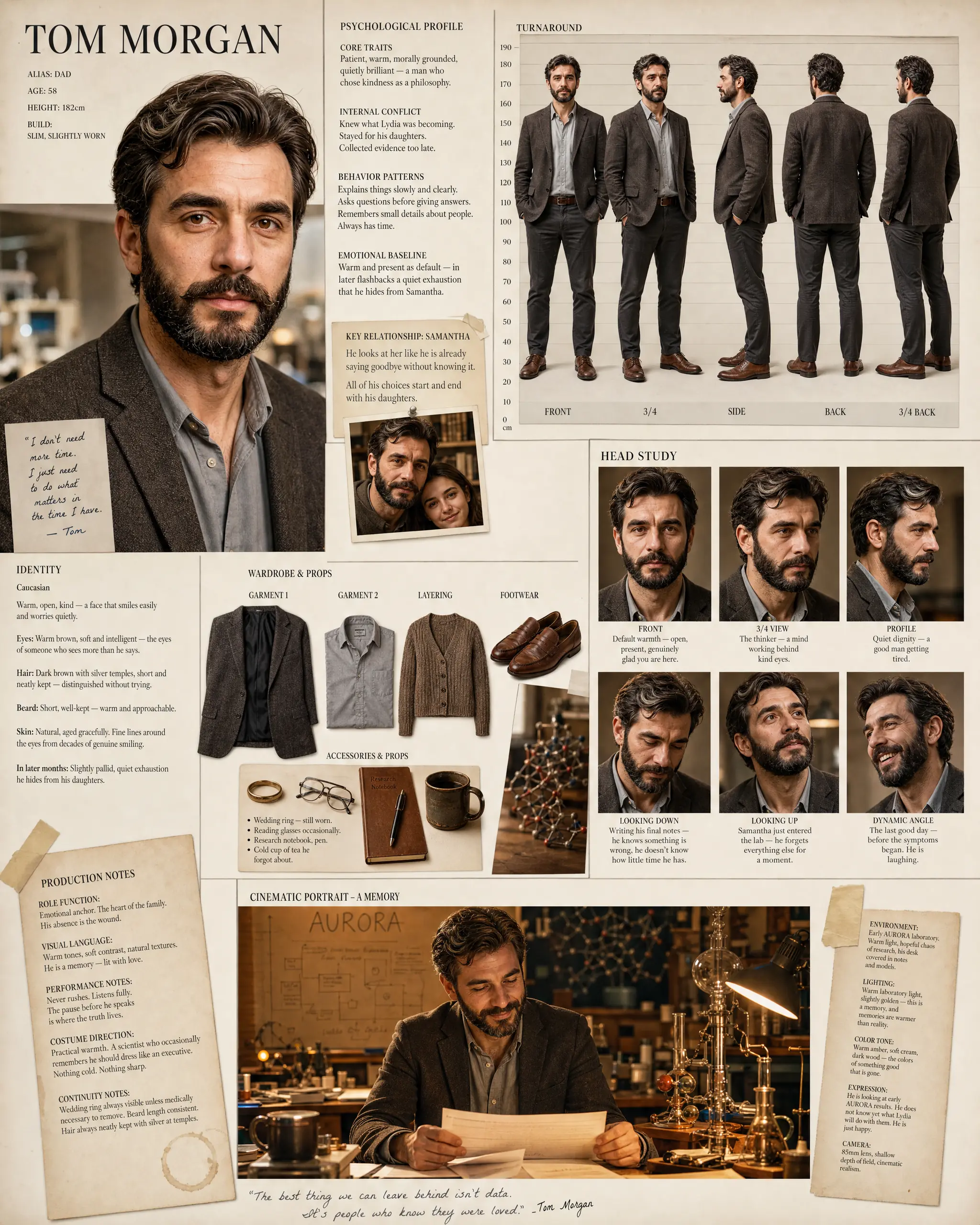 Character design sheet for Tom Morgan: turnaround, head studies, wardrobe and production notes