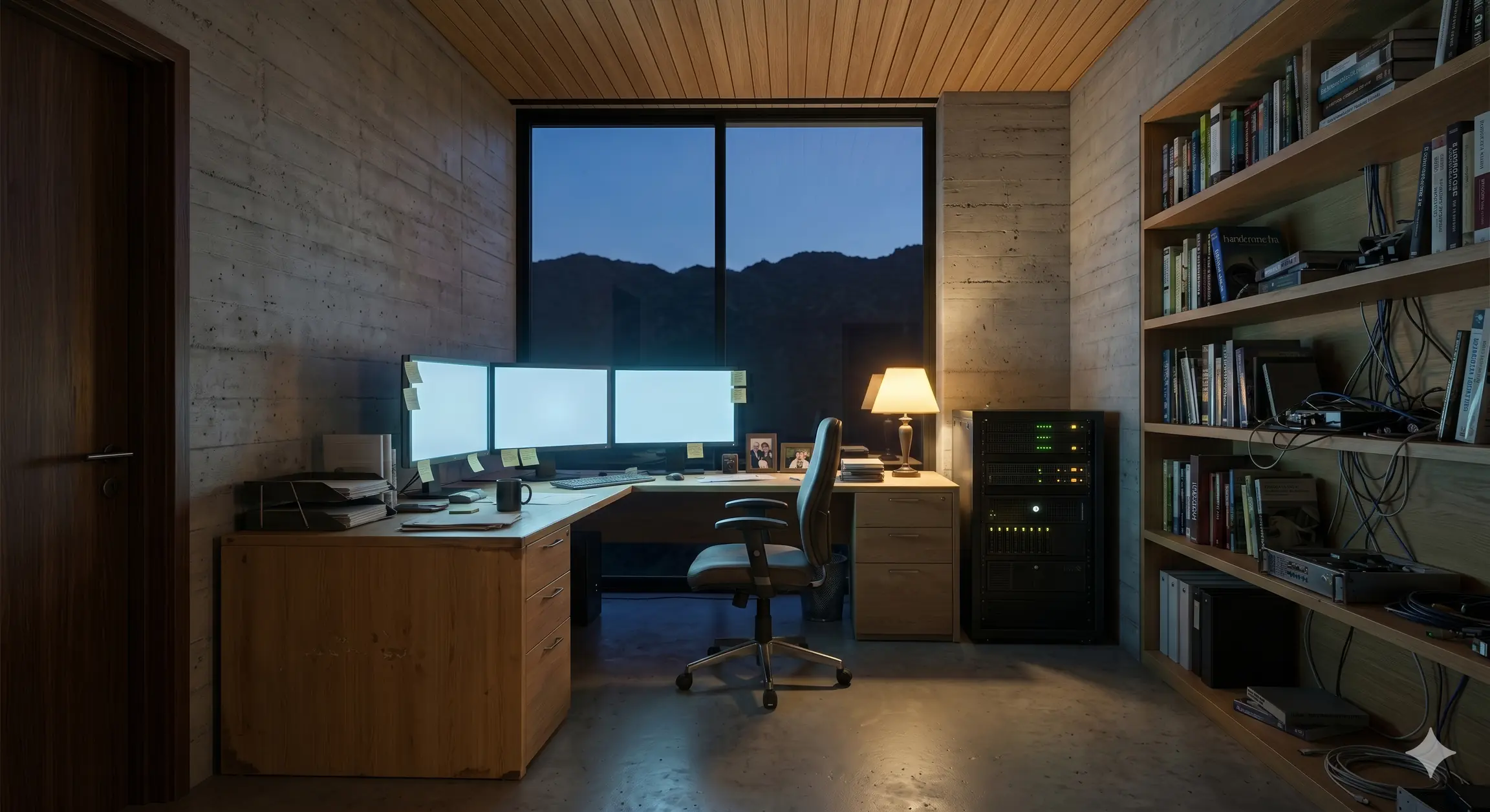Ein Arbeitszimmer am Abend, Bildschirme und Bücherwand im warmen Lampenlicht