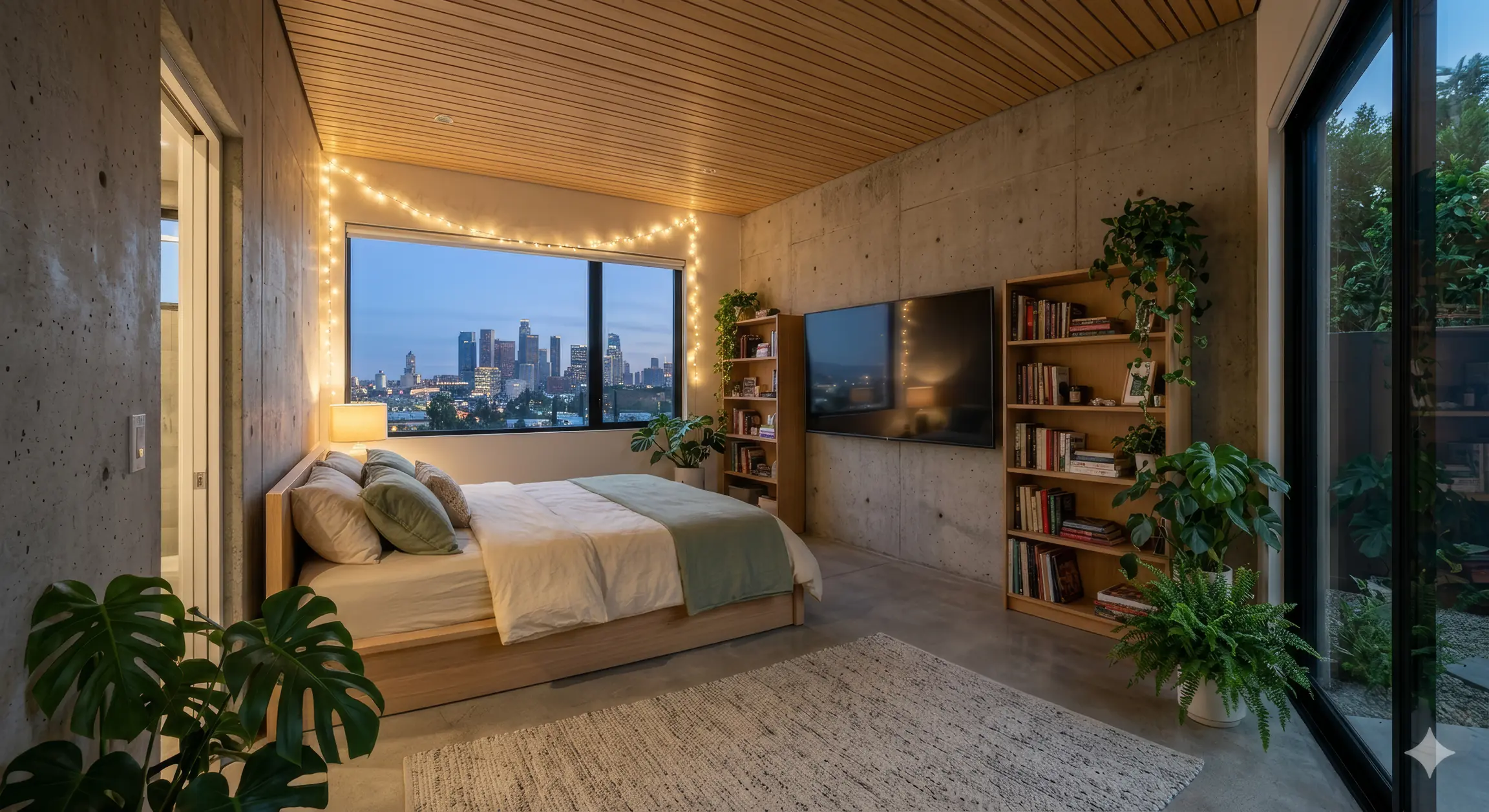 Ein ruhiges Zimmer zur blauen Stunde, Lichterkette und Blick über die Stadt